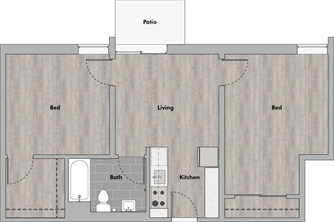 Floor plan for 2 beds, 1 bath, 655 sqft